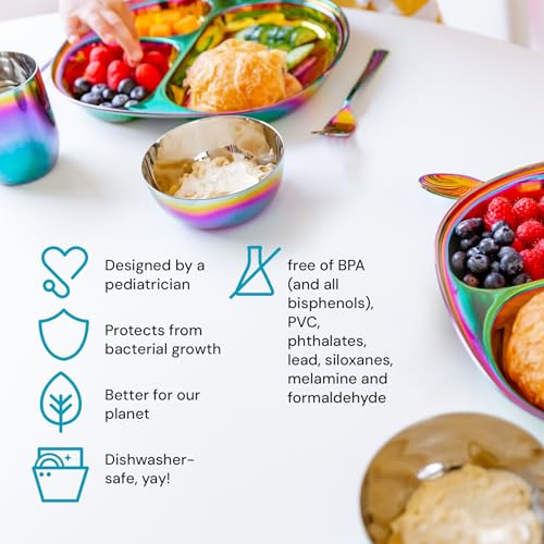 Rainbow Kids Stainless Steel Dinnerware Set - 5-Piece Toddler Plate Bowl Cup Fork Spoon - Safe Non-Toxic for Ages 1-5 (Variation: Rainbow / 5 Piece Set)