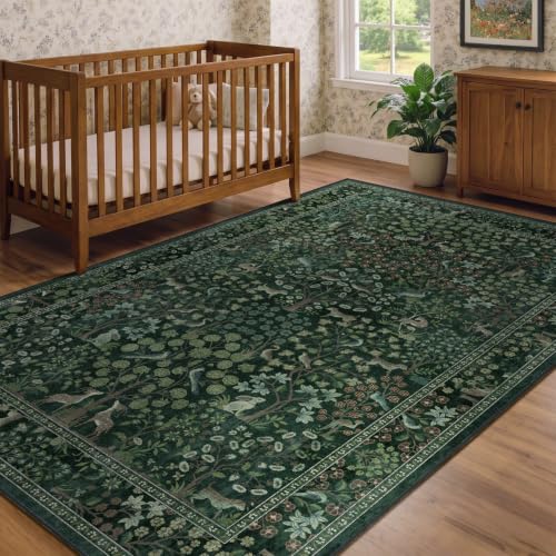 Green Woodland Floral Animal Rug 5x7 - Washable Low-Pile Area Rug for Living Room, Bedroom, Nursery - Non Slip