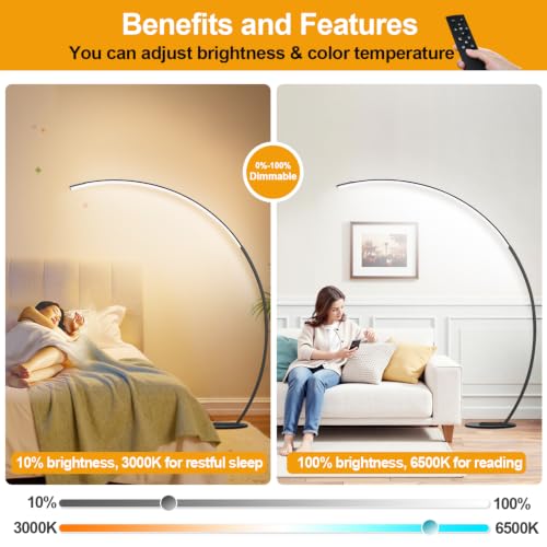 Dimmable LED Floor Lamp with Remote - Matte Black 67" Ultra-Wide Coverage, 3 Color Temps