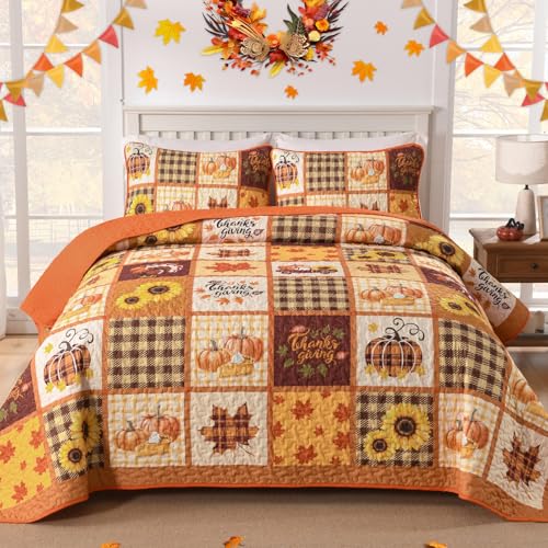 Fall Patchwork Quilt Set Queen - Thanksgiving Pumpkin & Maple Leaves Bedding