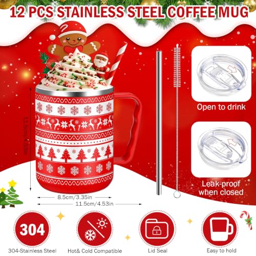 Umigy 12-Pack Christmas Coffee Mugs with Lids, Stainless Steel 17oz Travel Cup Set