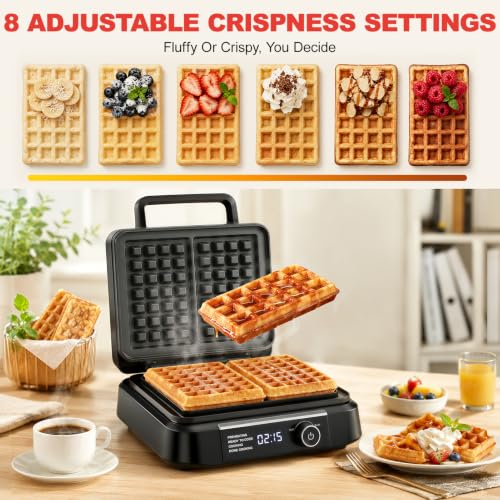 Silver Waffle Maker with 8 Browning Levels & Digital Timer - Smart LED Display