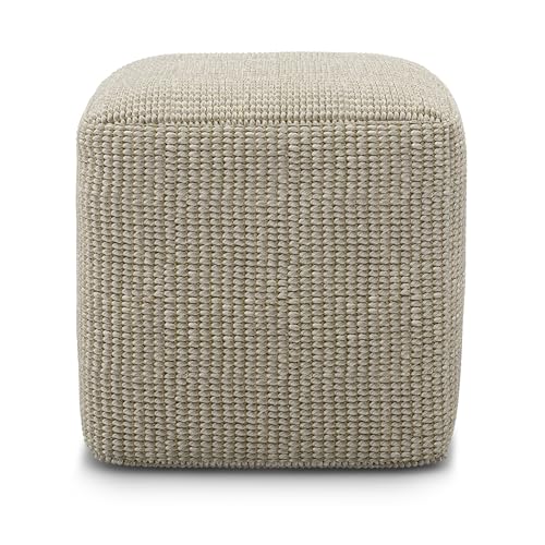 SIMPLIHOME Zelma 18-Inch Square Pouf in Cream/Natural Eco-Friendly PET Polyester - Indoor/Outdoor Supportive Seat