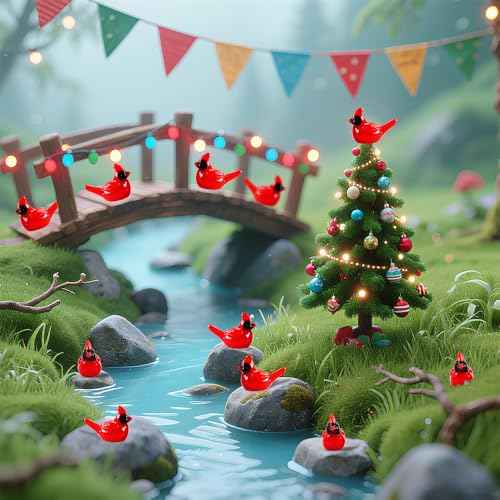 80Pcs Mini Resin Red Cardinal Bird Figurines Tiny Cardinal Figurine Christmas Ornaments for Gift Xmas Miniature Garden Crafts Cake Topper Home Decor Tree Ornaments