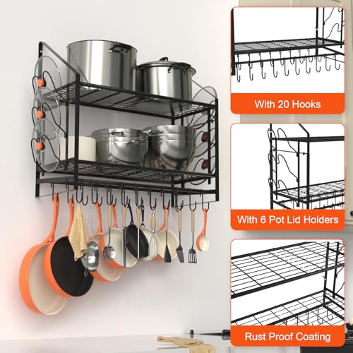 VyGrow 28 Inch Black 2-Tier Wall Mounted Pot Rack with 20 Hooks & Lid Holders