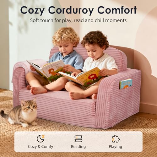 Pink 2-in-1 Convertible Toddler Kids Sofa Chair with Blanket - Foryoomi