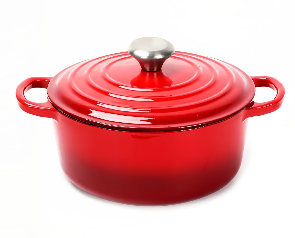Klbra Rise Cast Iron Dutch Oven Pot with Lid – Deep Cooking Pot for Bread, Stews, Casseroles – Oven Safe Cookware, Kitchen Essential & Wedding Gift – Compatible with All Heat Sources (Red)