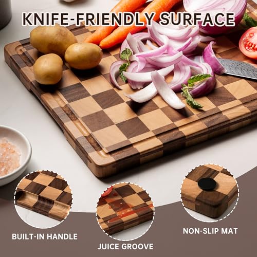 Checkered Walnut Cutting Board Set - 3 Piece Kitchen Prep & Serving Set 17"L x 12"W - Includes Storage Stand