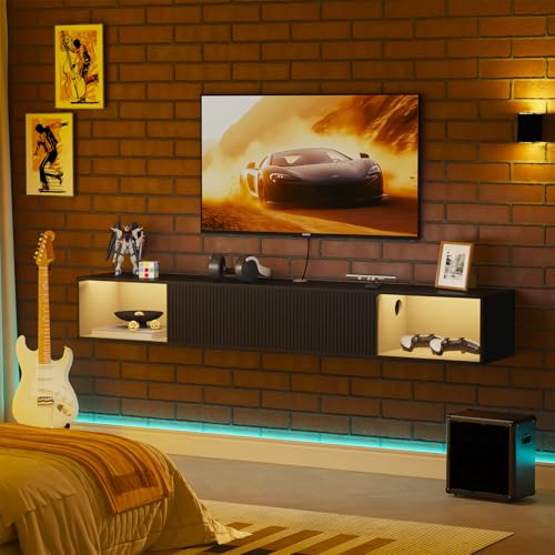 55-Inch Floating TV Stand with LED Lights and Storage - Black - Wall Mounted