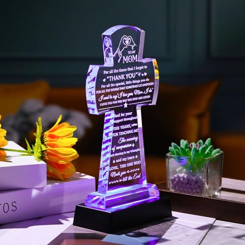 Movdyka Mom Cross Light Gift - Religious Glass Keepsake with Colorful LED Base