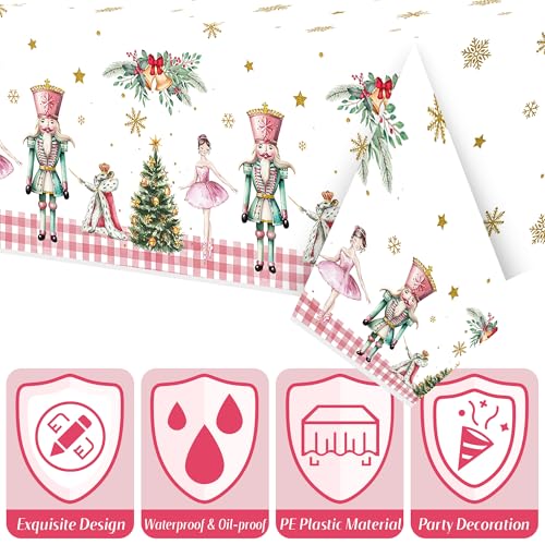 3 Packs Nutcracker Plastic Tablecloth Decorations, Pink Plaid Nutcracker Christmas Tree Disposable Waterproof Table Covers, Nutcracker Soldier Tablecloth for Dining Table Party Supplies