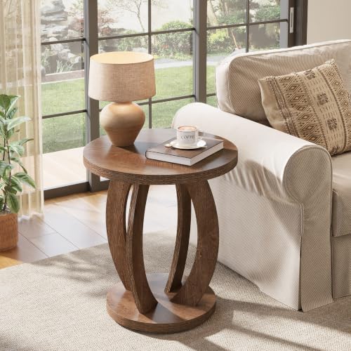 Tribesigns Rustic Round End Table with Storage - Brown, 23.6 Inch