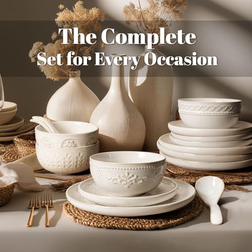 Artena 16-Piece Dinnerware Set with Embossed Patterns and Spoons - White, Multiple Patterns