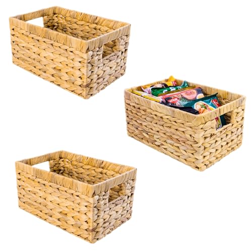 Natural Water Hyacinth Wicker Basket Set of 3 - Medium Rectangular Storage Baskets with Handles, for Shelves & Organization