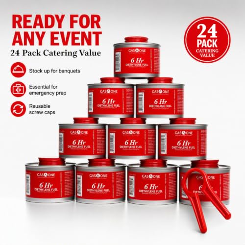 Gas One 24 Pack 6-Hour Chafing Fuel Cans for Food Warmers - Reusable Liquid Safe with Wick & Lid Opener