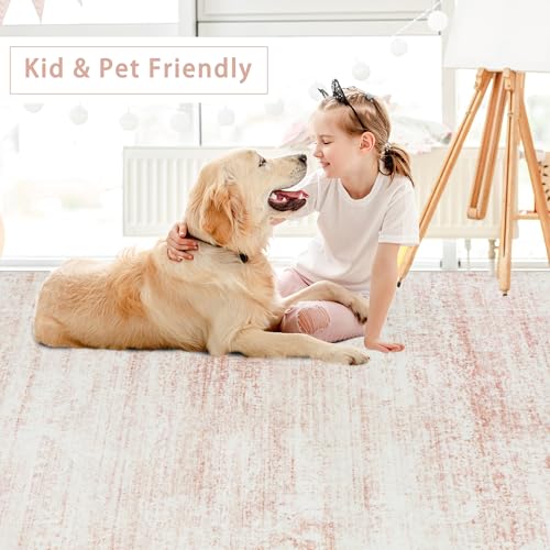 Pink Washable Area Rug 5x7 for Living Room & Bedroom - Pink-White, Soft & Cushioned