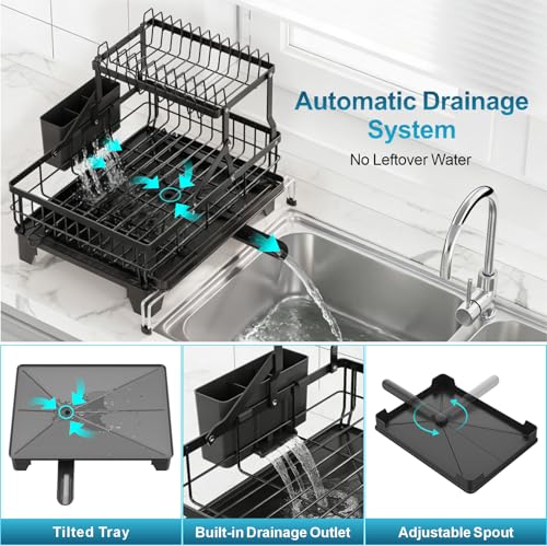 GSlife 2-Tier Expandable Dish Drying Rack for Sink & Counter - Black