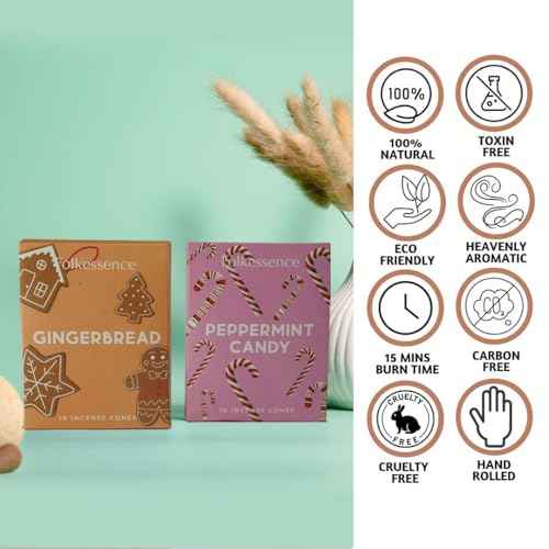 Folkulture Christmas Incense Cones | 20 Pc Scented Peppermint Candy & Gingerbread | Natural, Non-Toxic | Xmas Incense for Relaxing & Meditation