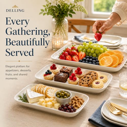 White Porcelain Serving Platter Set of 3 - 12/14/16 Inch Rectangular Trays for Entertaining