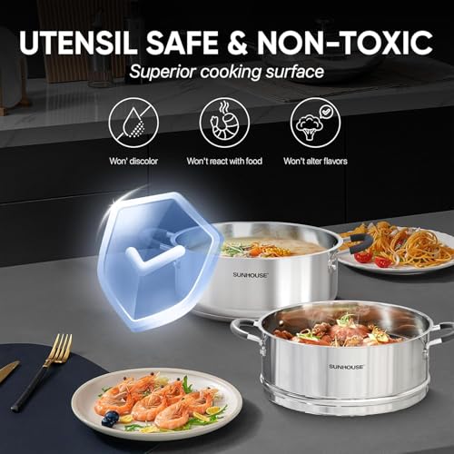 4.6 Qt Stainless Steel Steamer Pot with Glass Lid - Multi-Tier Food Steamer - Toxin-Free Kitchen Cookware