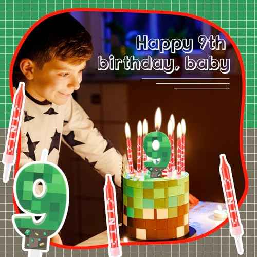 Green Number 13 Candle,Pixel Birthday Cake Candle Decoration Green TNT Print Themed Birthday Candles Numeral Birthday Cake Topper for Boy Girl Pixel Game Party Decoration Supplies