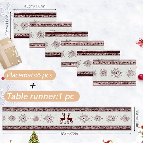 FOREVER QUEEN 7-Piece Christmas Table Runner & Placemats Set Reindeer Snowflakes