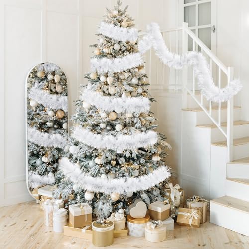 Dingion 50 ft White Tinsel Garland Christmas Tree Fluffy Metallic – Metallic Variant