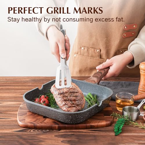 Gray Granite 11 Inch Nonstick Grill Pan with Lid - Square Indoor Outdoor Griddle