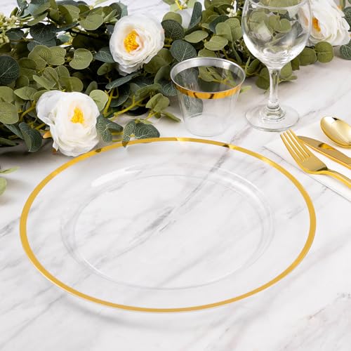 50 Pack 12 Inch Clear Charger Plates with Gold Rim - Elegant Disposable Tableware