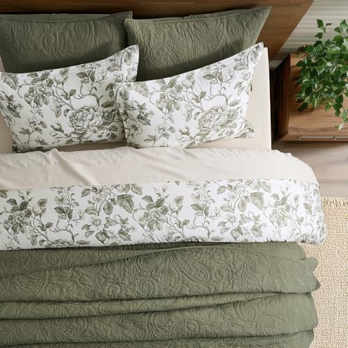 EverGrace Cotton Sateen Duvet Cover Set King Olive Green with Pillow Shams - No Comforter