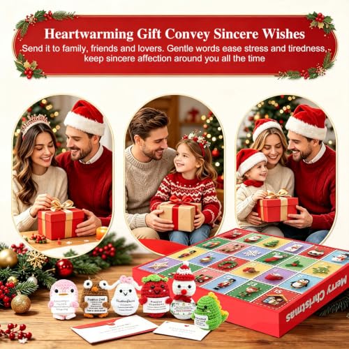 Red Handmade Crochet Animal Advent Calendar 24 Days Christmas Countdown with Positivity Cards for Kids Teens Adults