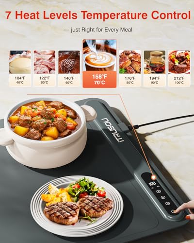 Electric Food Warming Mat 24x16 Inches - iTRUSOU 7-Level Temperature Control, Timer & Built-In Strap, Large Dark Grey