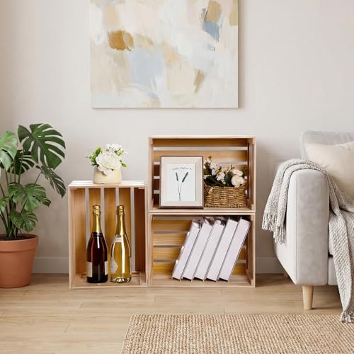 Wooden Storage Crates Set - Unfinished Rustic Display Boxes, 12x10x8 Inches, 3 Pack