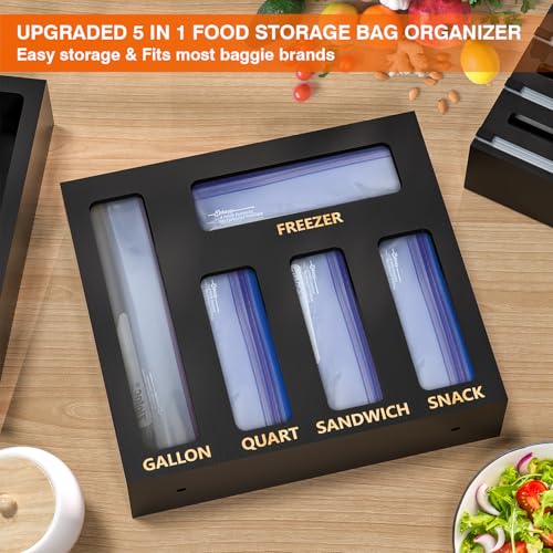 Black 9 Slots Bamboo Drawer Organizer with Wrap Dispenser & Bag Storage