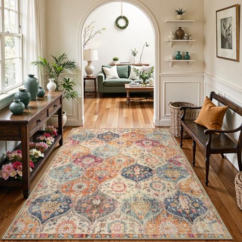 Lahome Moroccan Style Washable Area Rug 4x6 Feet Burnt Orange/Teal Multi