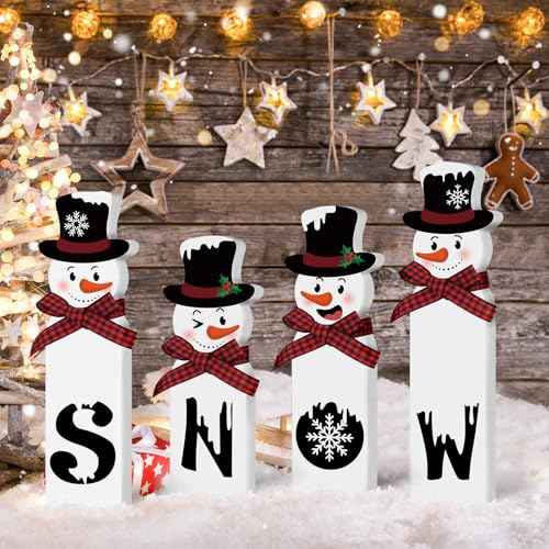 Christmas Snowman Decorations Indoor, Wooden Snowman Block Merry Christmas Sign, Let It Snow Winter Xmas Decor, Cute Xmas Tiered Tray Decorations Table Centerpiece for Mantel Home Holiday Decor