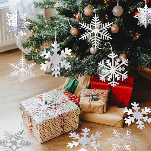 30pcs Paper Snowflakes Ornaments, 3D Silver Hanging Snowflake, Large Snowflake Garland for Christmas & New Year Party Decorations