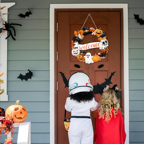 Halloween Decorations Hanging Door Sign Happy Halloween Wooden Door Sign spooky Ghost Bat Black Cat Pumpkin Skull Rustic Welcome Wreath for Tree, Door, Wall, Party Supplies