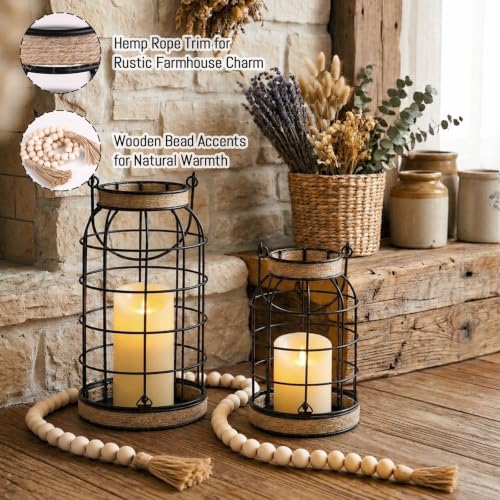 MATAHUM Rustic Farmhouse Candle Lantern Set - 2Pcs with Flameless Candles, Boho Decor