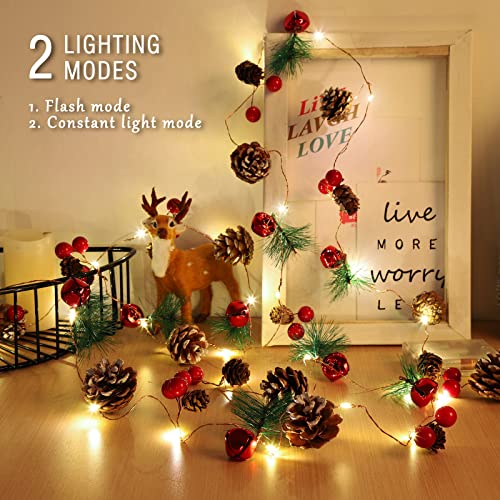 Christmas Garland with Lights, 10 Feet, 30 LED Lights, Pinecones, Red Berries, and Bells Decorations, Christmas Indoor Decorations for Home and Mantelpiece Door Frame Decorations