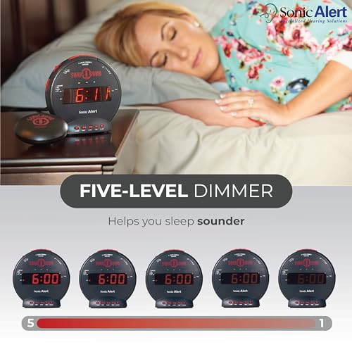 Sonic Bomb Dual Extra Loud Alarm Clock with Bed Shaker, Black & Red – Heavy Sleepers Wake Up Easily