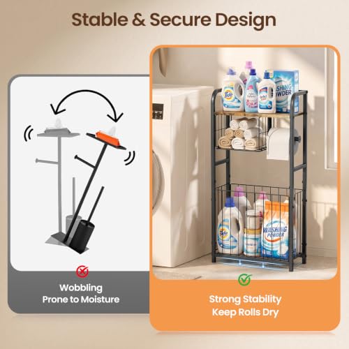 Black Freestanding Toilet Paper Holder Stand with Storage Shelf for Small Bathrooms