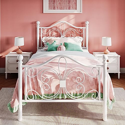 Twin Size Metal Bed Frame with Butterfly Headboard - White