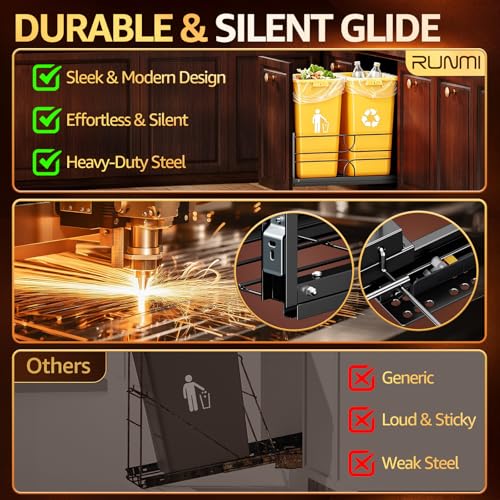 Black Double Pull Out Trash Can Under Cabinet with Soft Close Door Mount - RUNMI