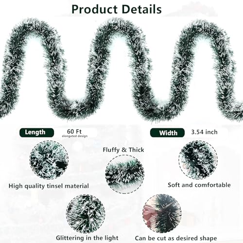 Green & White 60ft Christmas Tinsel Garland for Tree - Yunniviva, Glitter Wire Decor