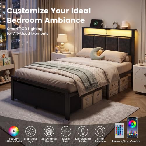 Twin Size Upholstered Bed Frame with Storage Drawers & RGB LED Headboard - Twin