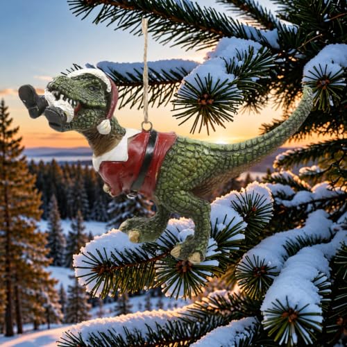 4.5-Inch T-Rex Eating Santa Christmas Tree Ornament – Quirky Holiday Decor