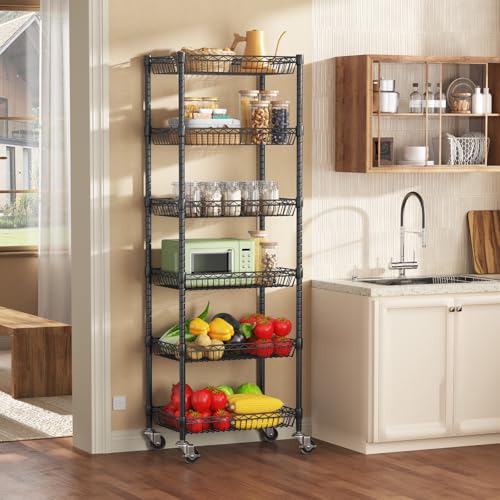 17W x 12D x 63H Black 6-Tier Rolling Storage Cart with Adjustable Shelves