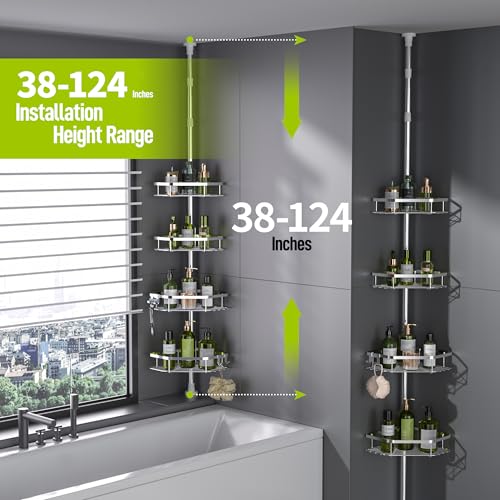 Corner Shower Caddy Tension Pole - 4-Tier Stainless Steel Bathroom Organizer