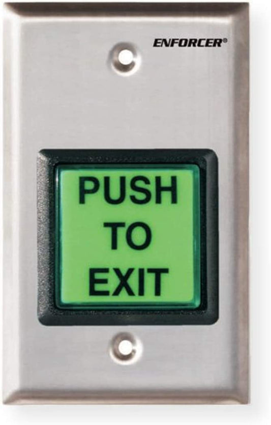 Seco-Larm SD-7202GC-PEQ ENFORCER LED Illuminated RTE Single-gang Wall Plate with Large Green Button, Large Illuminated Push Button with Caption "PUSH TO EXIT", Pushbutton Rated 10A at 125 to 250VAC